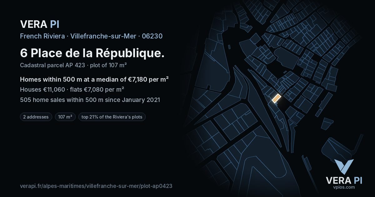 6 Place de la République, Villefranche-sur-Mer at night – the plot lit, the parcels around coloured by the prices near them