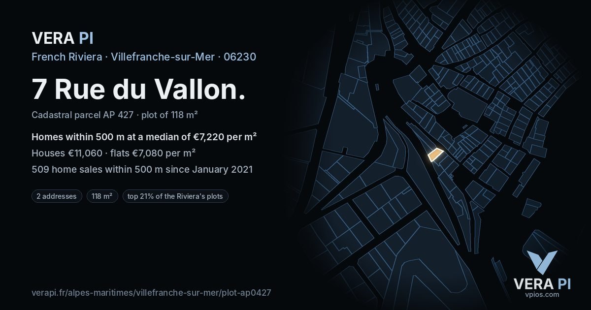 7 Rue du Vallon, Villefranche-sur-Mer at night – the plot lit, the parcels around coloured by the prices near them