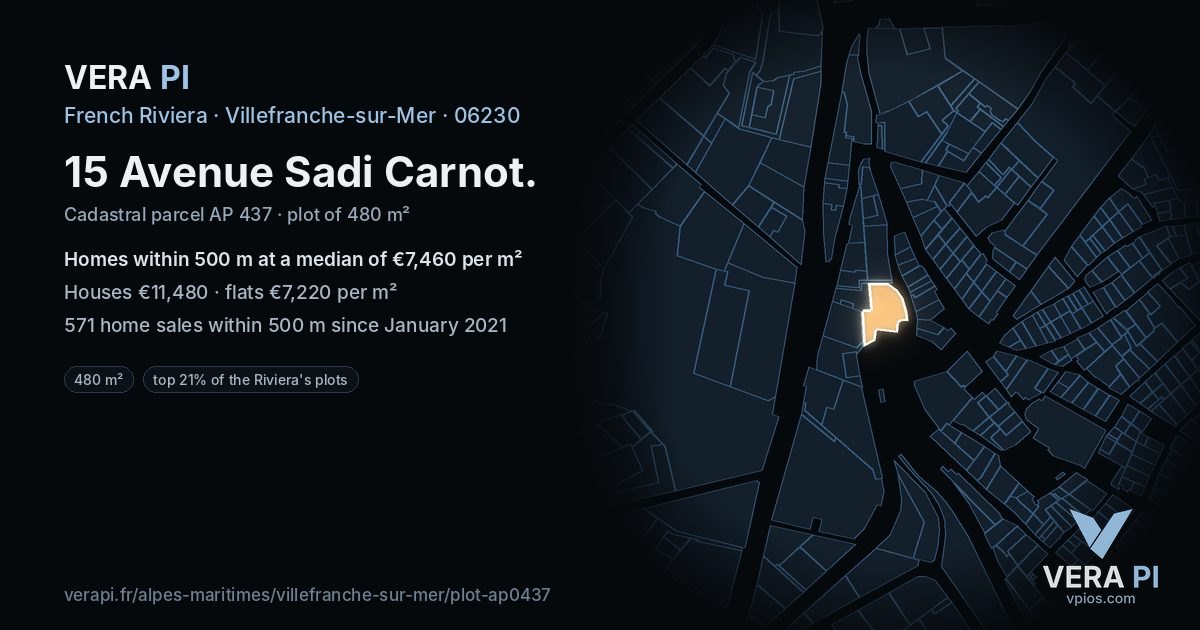 15 Avenue Sadi Carnot, Villefranche-sur-Mer at night – the plot lit, the parcels around coloured by the prices near them