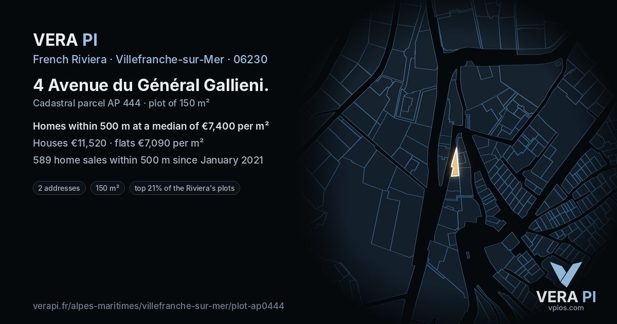4 Avenue du Général Gallieni, Villefranche-sur-Mer at night – the plot lit, the parcels around coloured by the prices near them