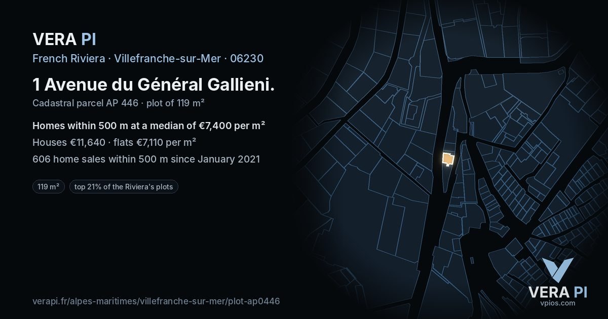 1 Avenue du Général Gallieni, Villefranche-sur-Mer at night – the plot lit, the parcels around coloured by the prices near them