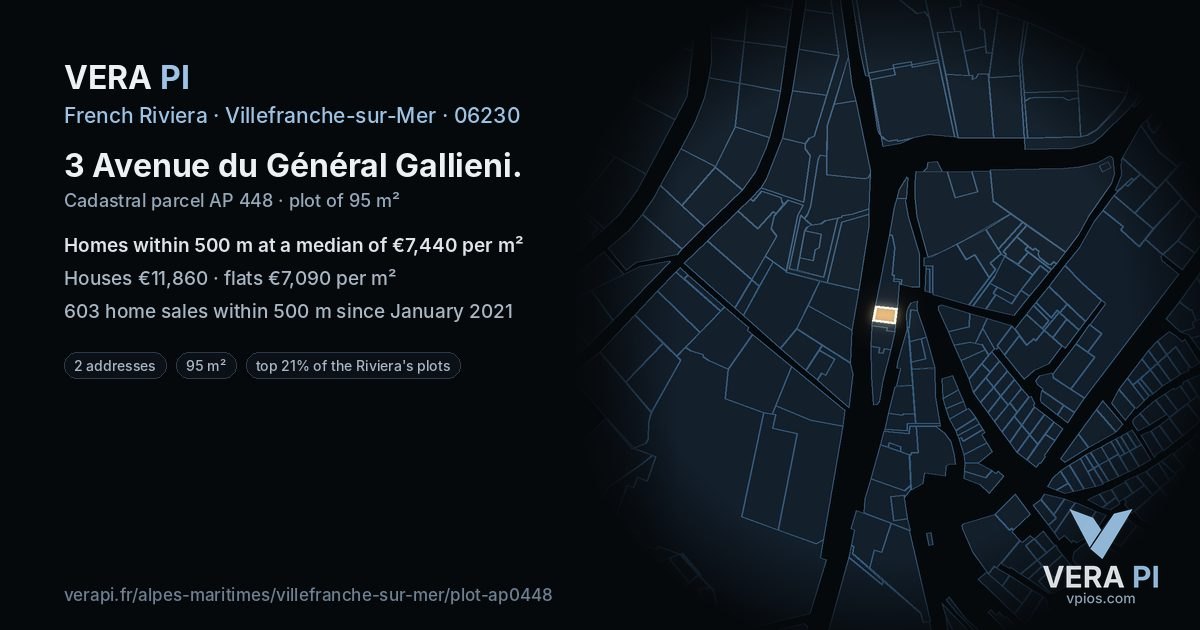 3 Avenue du Général Gallieni, Villefranche-sur-Mer at night – the plot lit, the parcels around coloured by the prices near them