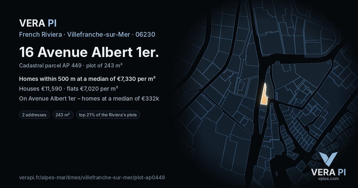 16 Avenue Albert 1er, Villefranche-sur-Mer at night – the plot lit, the parcels around coloured by the prices near them