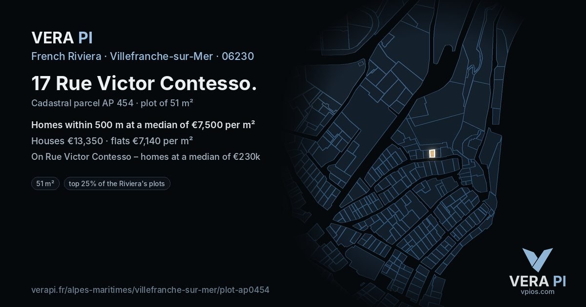 17 Rue Victor Contesso, Villefranche-sur-Mer at night – the plot lit, the parcels around coloured by the prices near them
