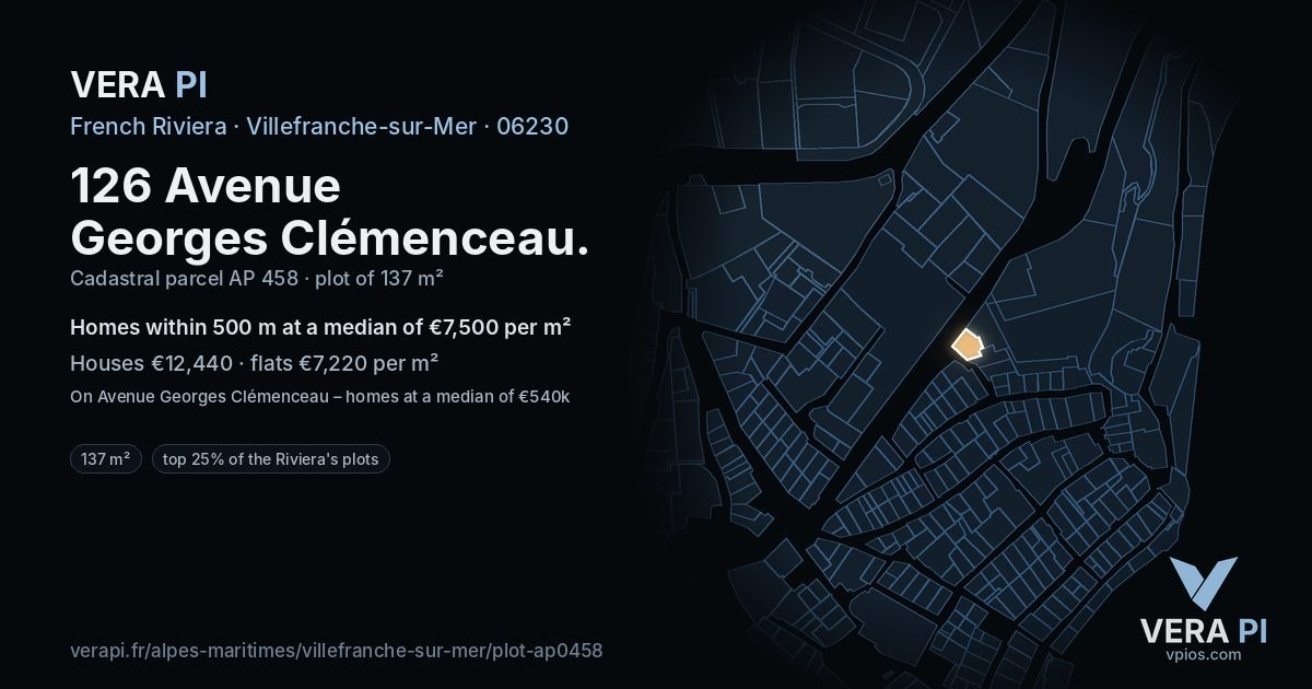 126 Avenue Georges Clémenceau, Villefranche-sur-Mer at night – the plot lit, the parcels around coloured by the prices near them