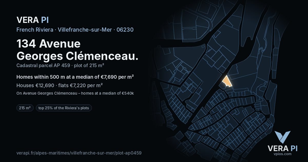 134 Avenue Georges Clémenceau, Villefranche-sur-Mer at night – the plot lit, the parcels around coloured by the prices near them