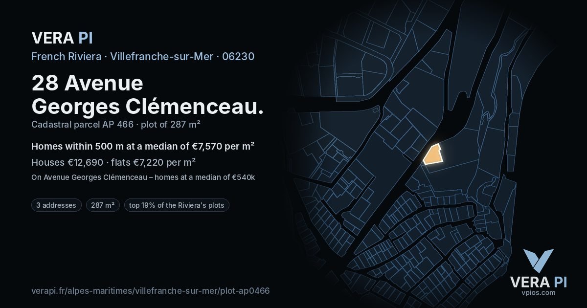 28 Avenue Georges Clémenceau, Villefranche-sur-Mer at night – the plot lit, the parcels around coloured by the prices near them