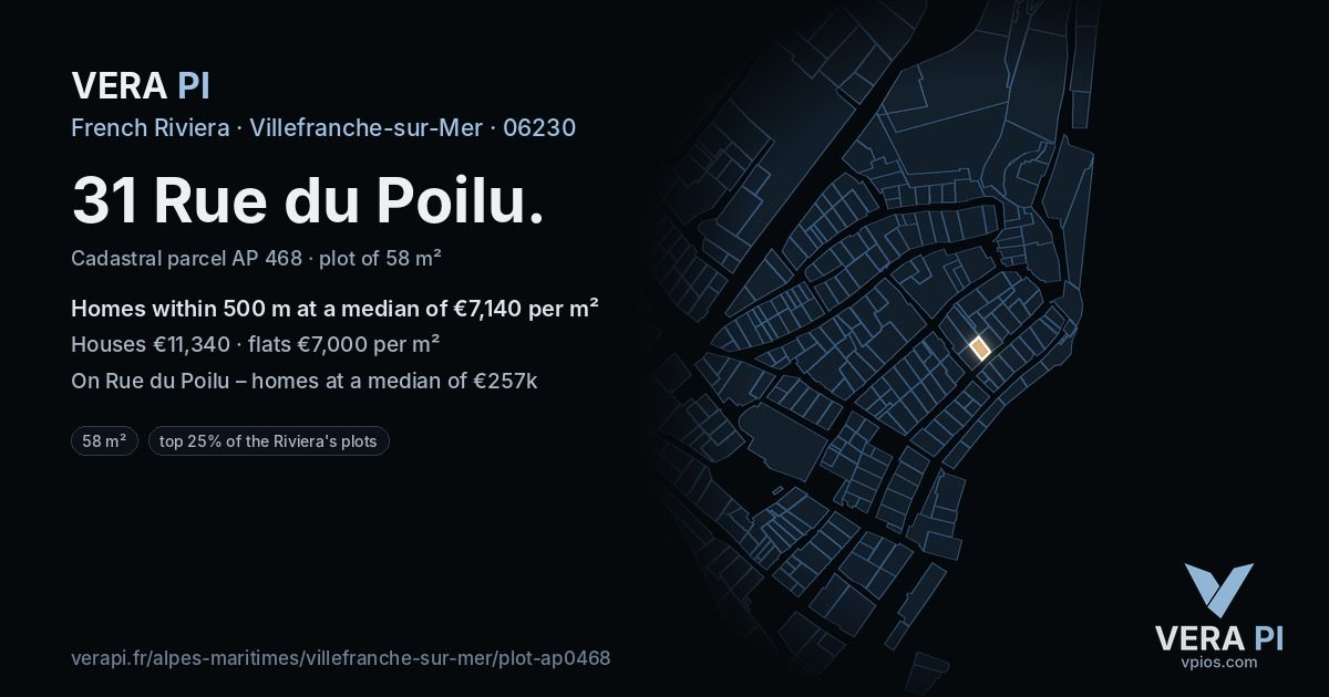 31 Rue du Poilu, Villefranche-sur-Mer at night – the plot lit, the parcels around coloured by the prices near them