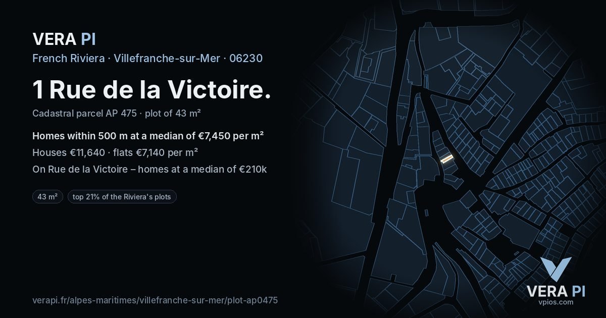 1 Rue de la Victoire, Villefranche-sur-Mer at night – the plot lit, the parcels around coloured by the prices near them