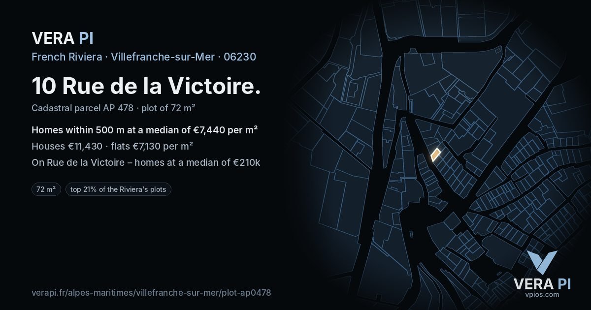 10 Rue de la Victoire, Villefranche-sur-Mer at night – the plot lit, the parcels around coloured by the prices near them