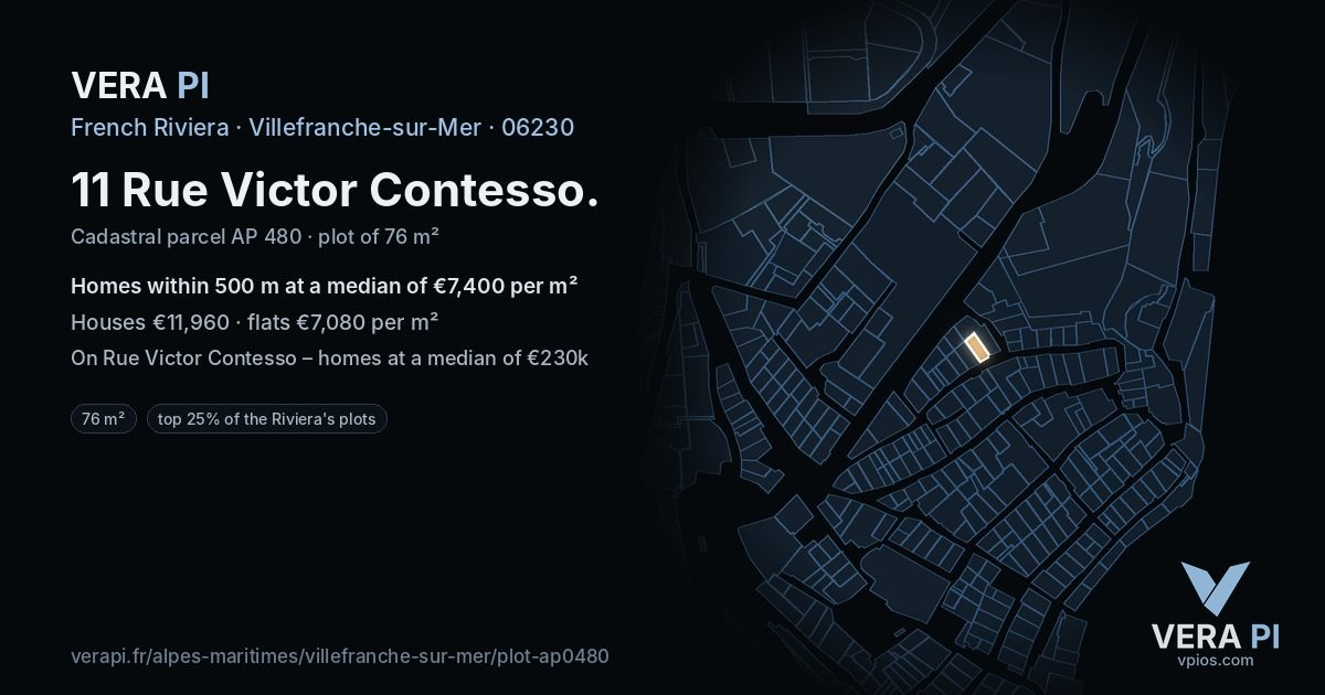 11 Rue Victor Contesso, Villefranche-sur-Mer at night – the plot lit, the parcels around coloured by the prices near them