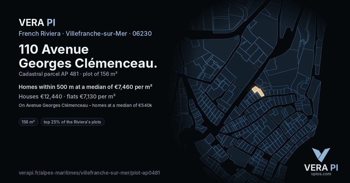 110 Avenue Georges Clémenceau, Villefranche-sur-Mer at night – the plot lit, the parcels around coloured by the prices near them