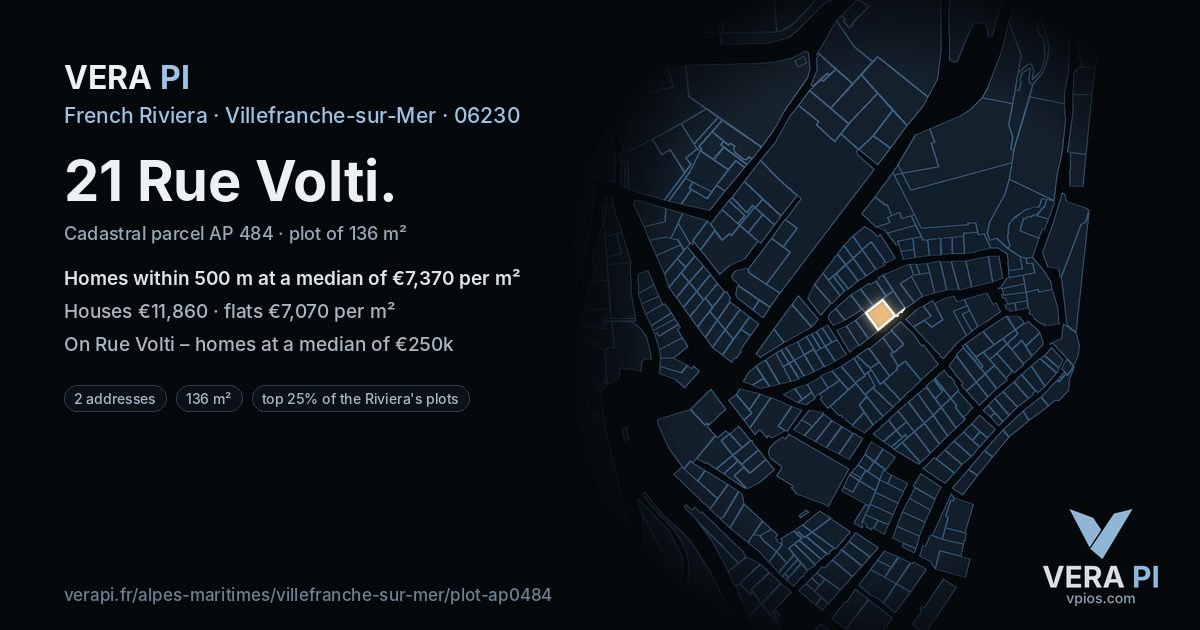 21 Rue Volti, Villefranche-sur-Mer at night – the plot lit, the parcels around coloured by the prices near them