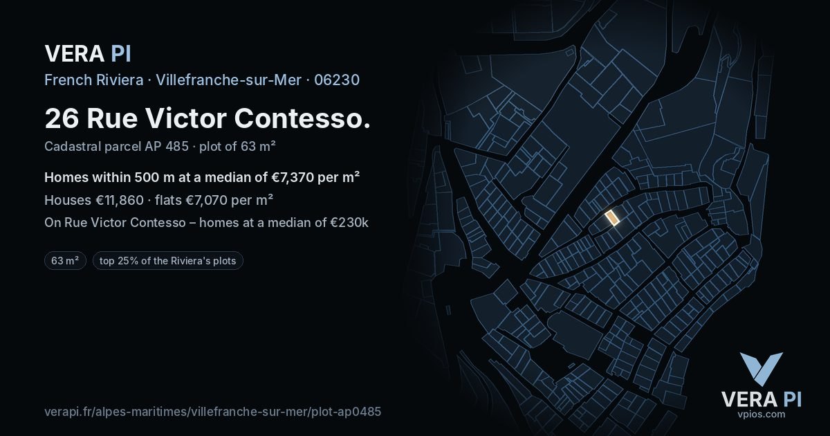 26 Rue Victor Contesso, Villefranche-sur-Mer at night – the plot lit, the parcels around coloured by the prices near them