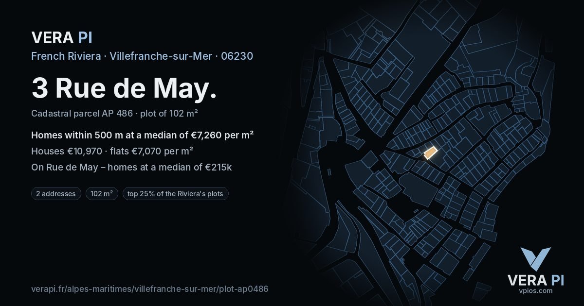 3 Rue de May, Villefranche-sur-Mer at night – the plot lit, the parcels around coloured by the prices near them