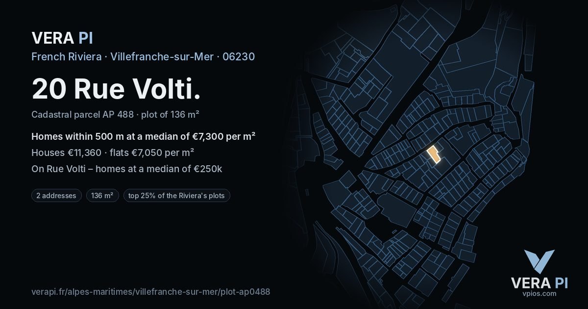 20 Rue Volti, Villefranche-sur-Mer at night – the plot lit, the parcels around coloured by the prices near them