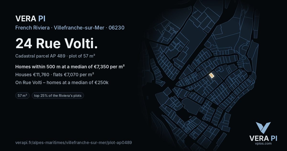 24 Rue Volti, Villefranche-sur-Mer at night – the plot lit, the parcels around coloured by the prices near them