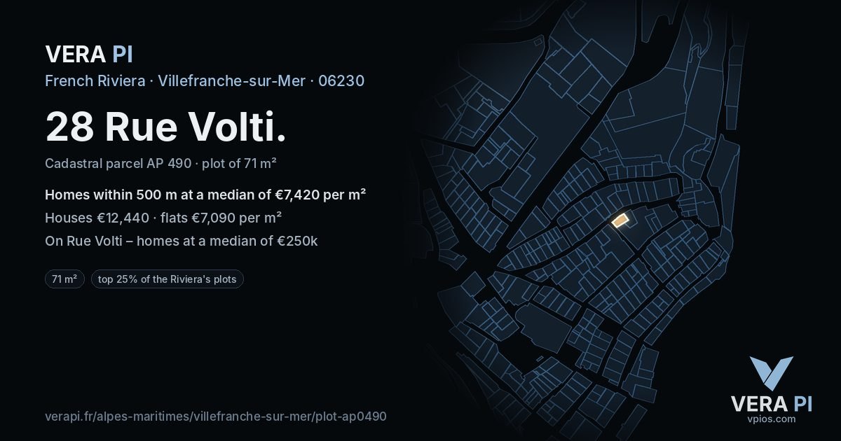 28 Rue Volti, Villefranche-sur-Mer at night – the plot lit, the parcels around coloured by the prices near them