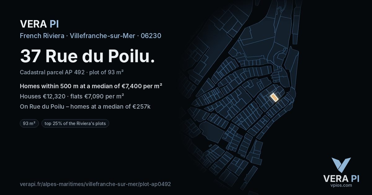 37 Rue du Poilu, Villefranche-sur-Mer at night – the plot lit, the parcels around coloured by the prices near them