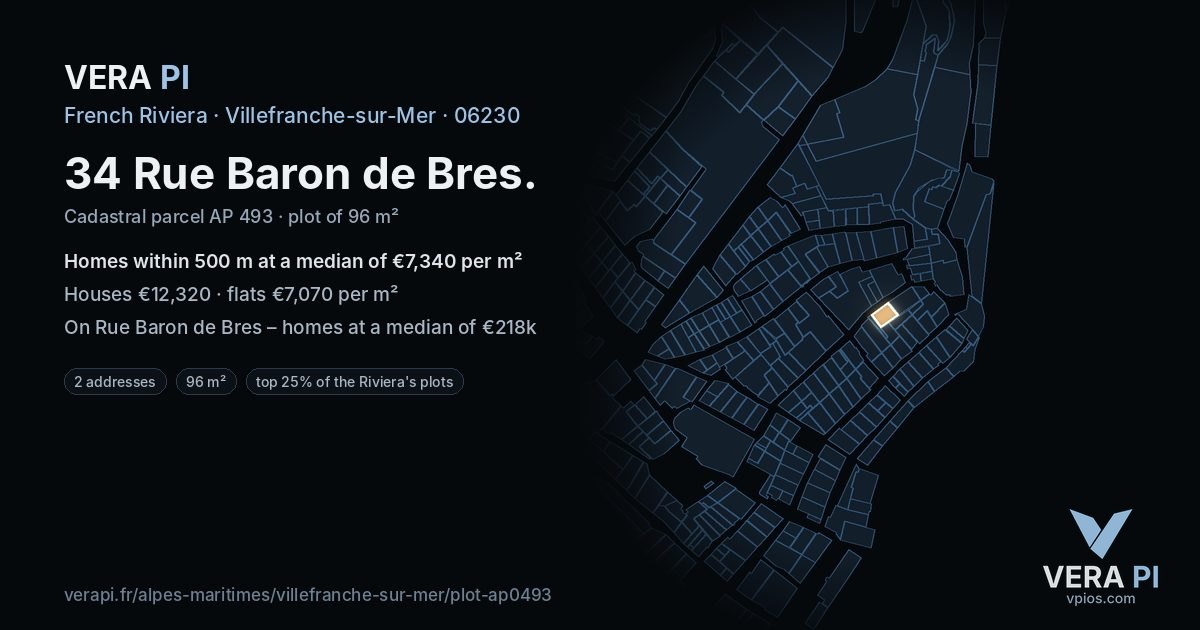 34 Rue Baron de Bres, Villefranche-sur-Mer at night – the plot lit, the parcels around coloured by the prices near them
