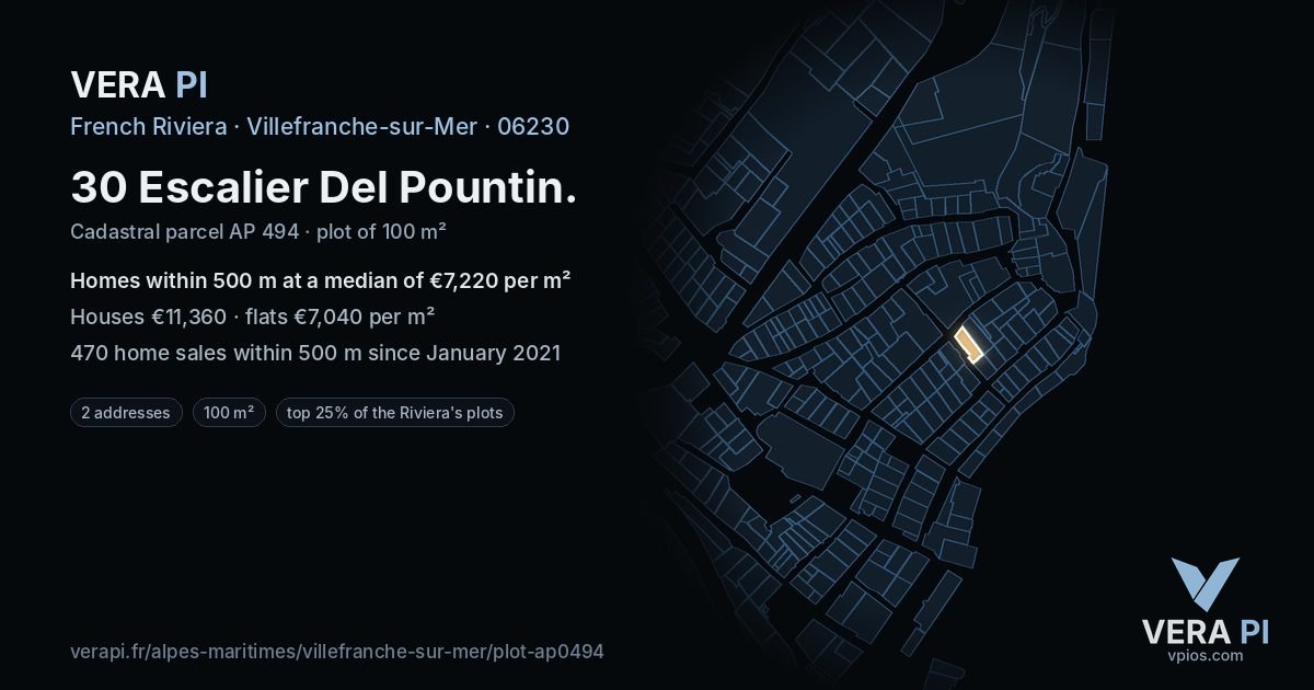 30 Escalier Del Pountin, Villefranche-sur-Mer at night – the plot lit, the parcels around coloured by the prices near them