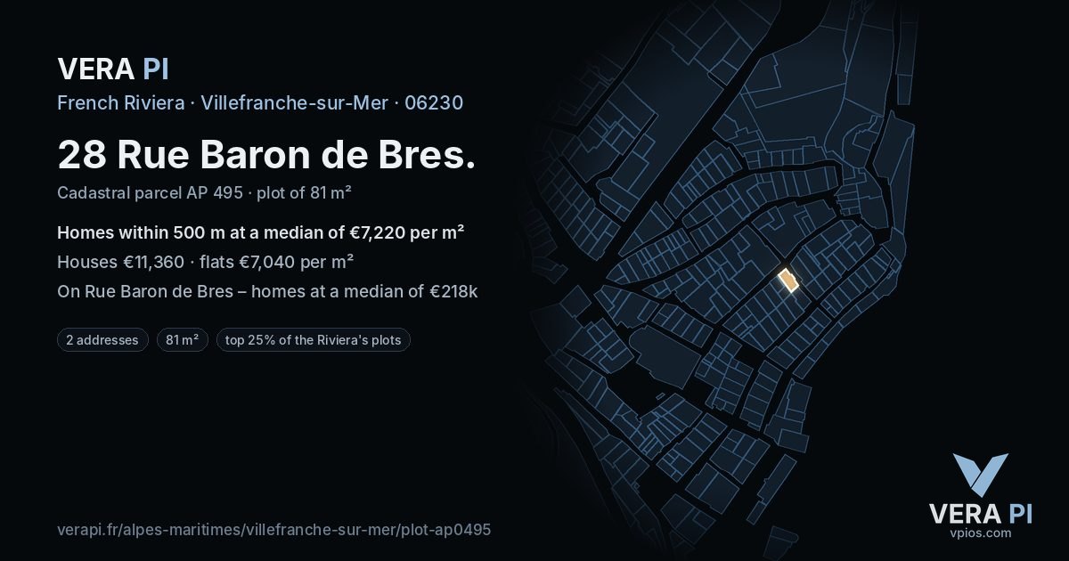 28 Rue Baron de Bres, Villefranche-sur-Mer at night – the plot lit, the parcels around coloured by the prices near them