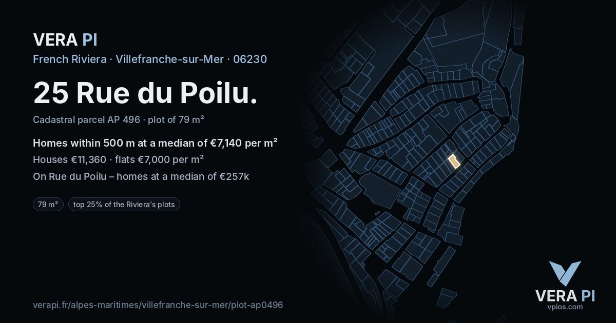 25 Rue du Poilu, Villefranche-sur-Mer at night – the plot lit, the parcels around coloured by the prices near them