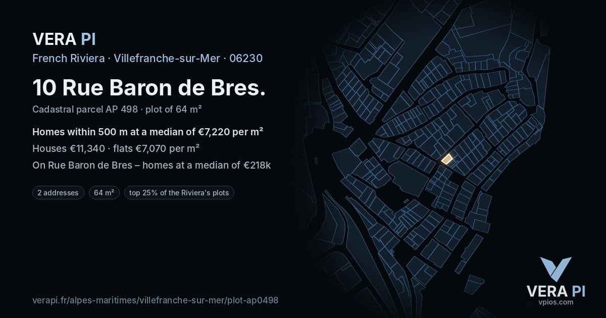 10 Rue Baron de Bres, Villefranche-sur-Mer at night – the plot lit, the parcels around coloured by the prices near them