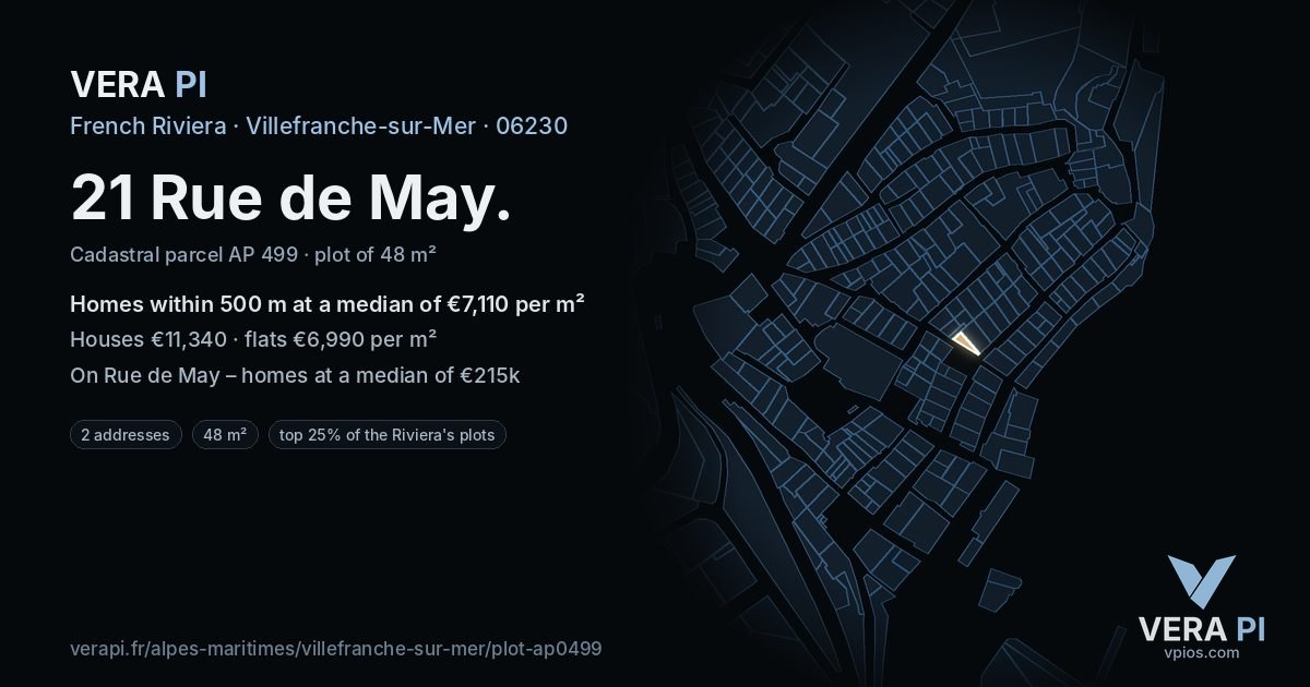 21 Rue de May, Villefranche-sur-Mer at night – the plot lit, the parcels around coloured by the prices near them