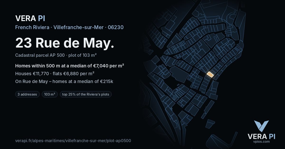 23 Rue de May, Villefranche-sur-Mer at night – the plot lit, the parcels around coloured by the prices near them