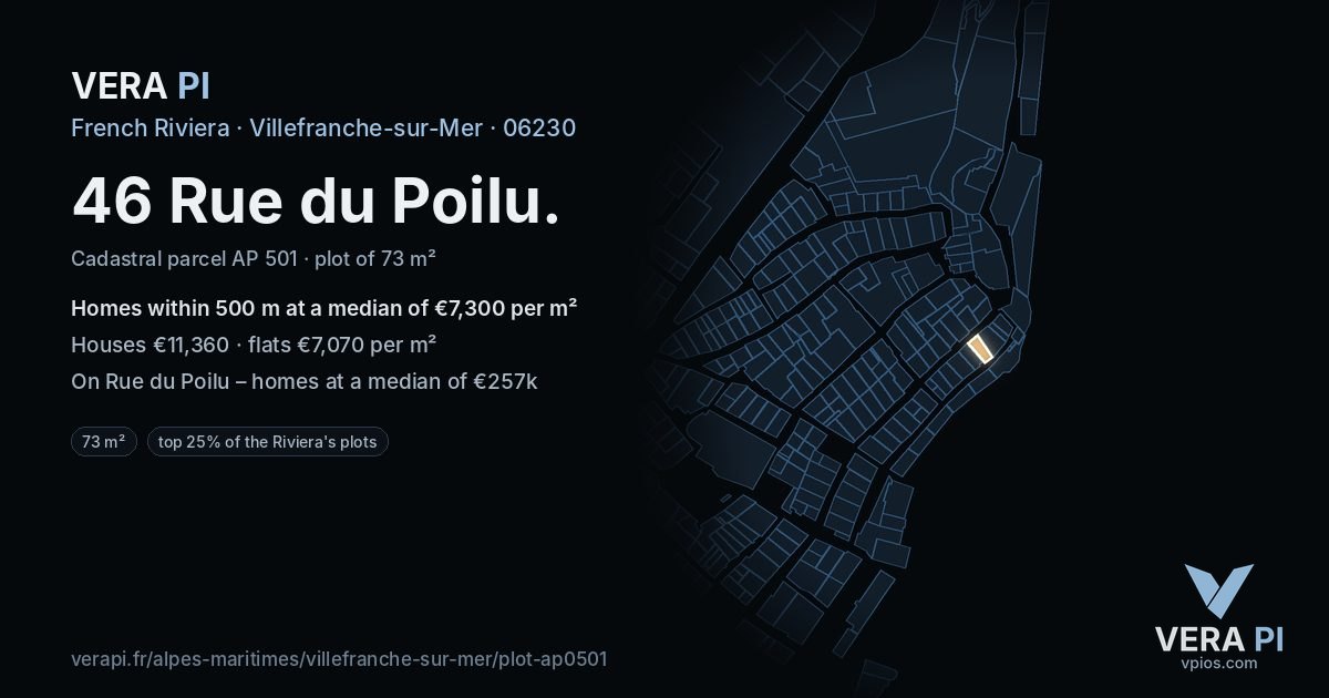 46 Rue du Poilu, Villefranche-sur-Mer at night – the plot lit, the parcels around coloured by the prices near them