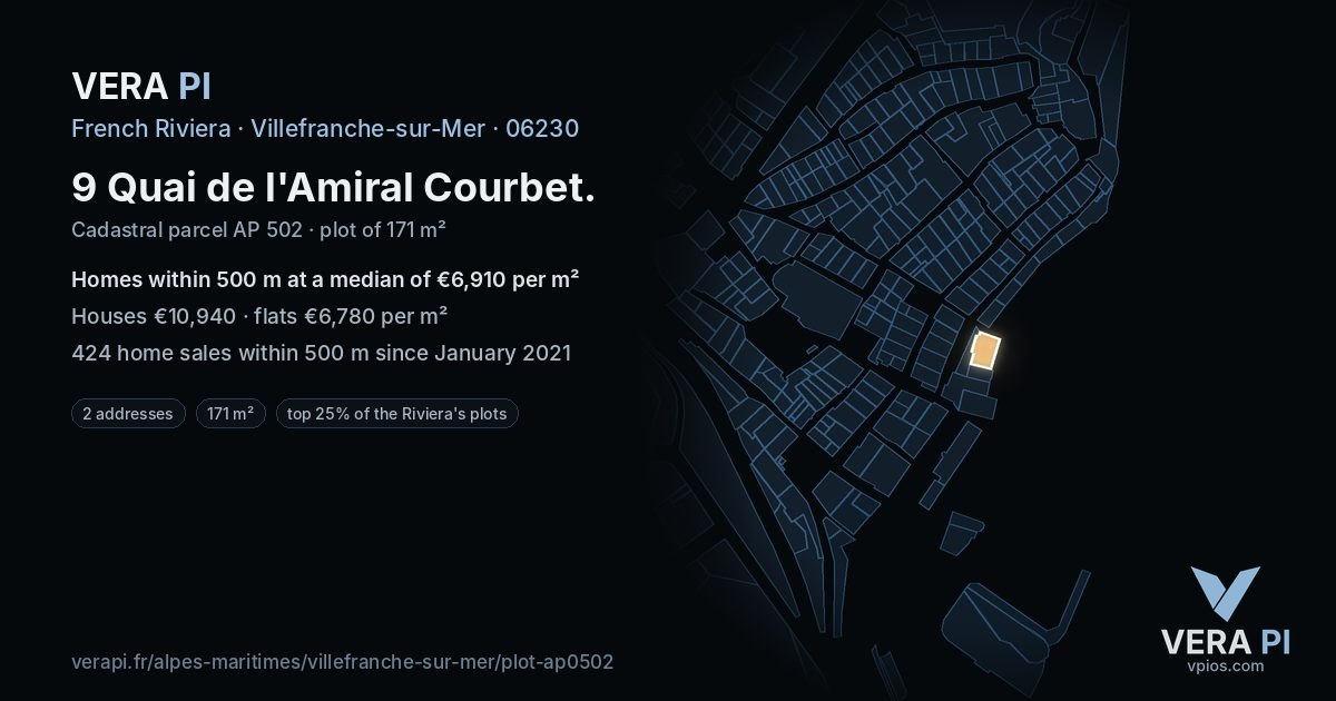 9 Quai de l'Amiral Courbet, Villefranche-sur-Mer at night – the plot lit, the parcels around coloured by the prices near them