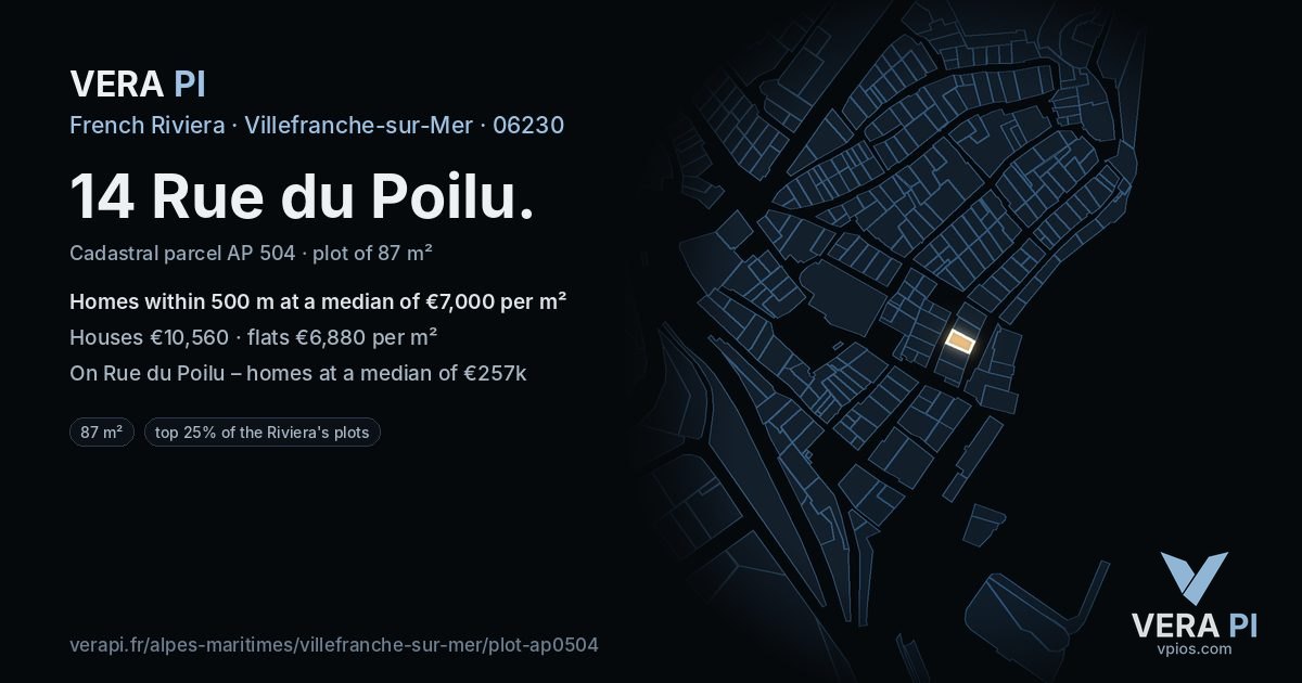 14 Rue du Poilu, Villefranche-sur-Mer at night – the plot lit, the parcels around coloured by the prices near them