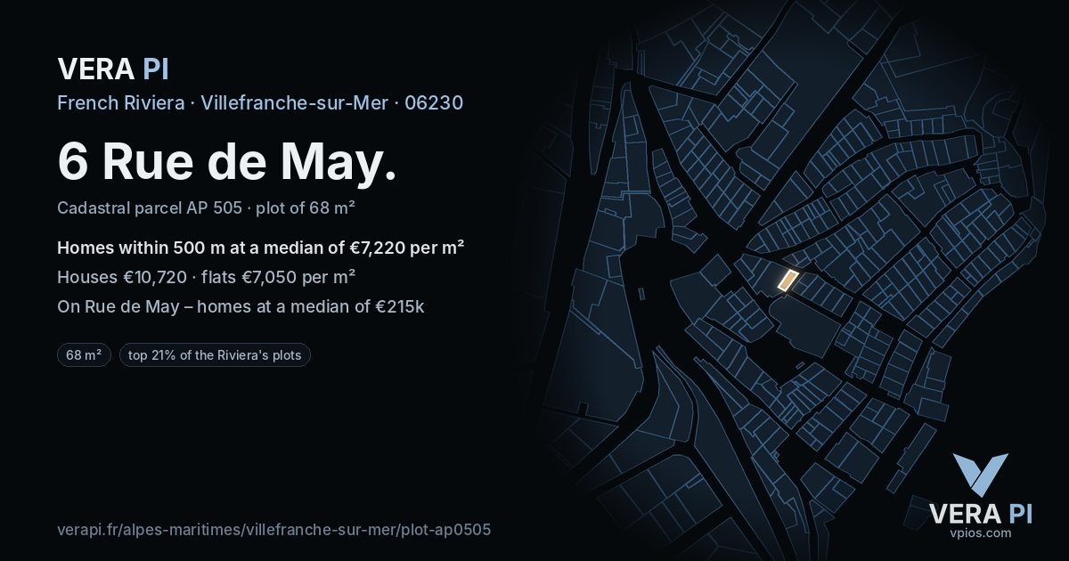 6 Rue de May, Villefranche-sur-Mer at night – the plot lit, the parcels around coloured by the prices near them