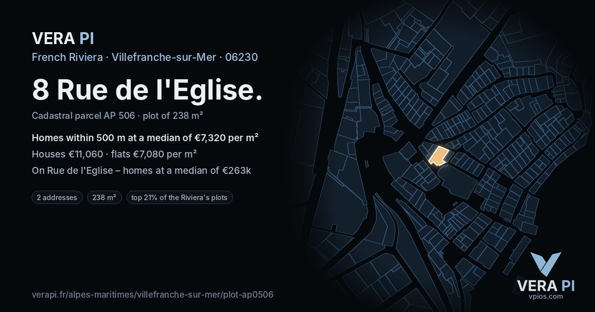 8 Rue de l'Eglise, Villefranche-sur-Mer at night – the plot lit, the parcels around coloured by the prices near them