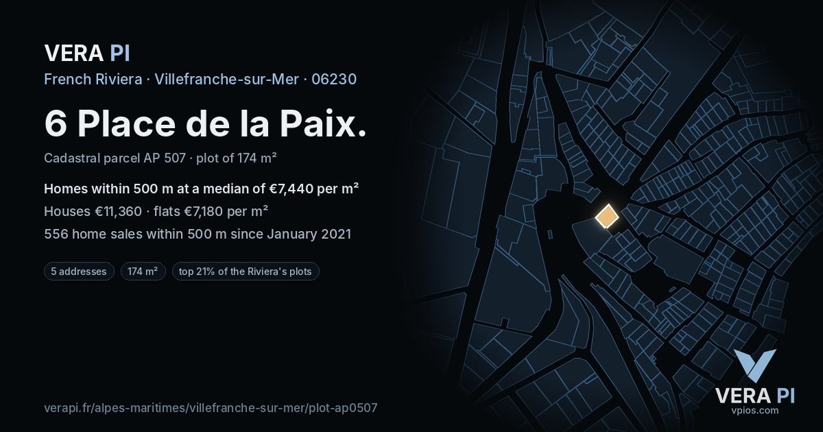 6 Place de la Paix, Villefranche-sur-Mer at night – the plot lit, the parcels around coloured by the prices near them