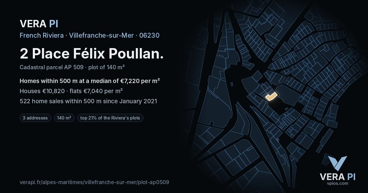 2 Place Félix Poullan, Villefranche-sur-Mer at night – the plot lit, the parcels around coloured by the prices near them