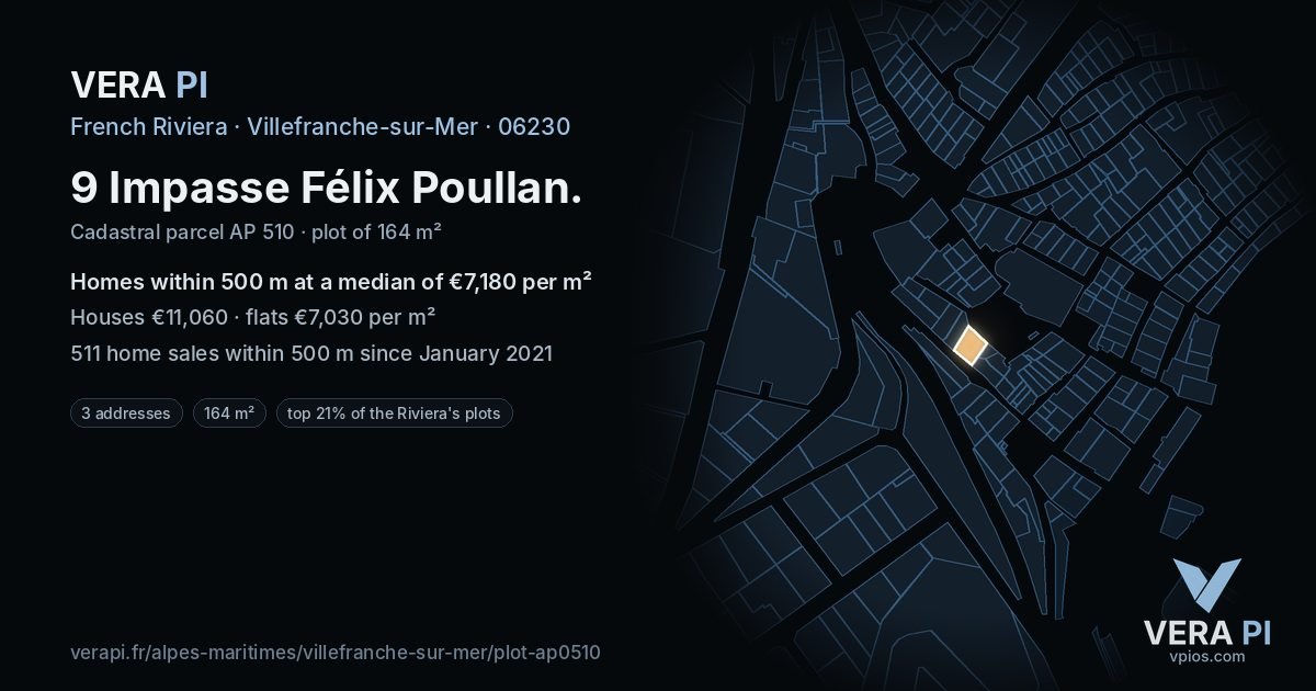 9 Impasse Félix Poullan, Villefranche-sur-Mer at night – the plot lit, the parcels around coloured by the prices near them