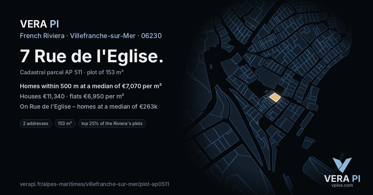 7 Rue de l'Eglise, Villefranche-sur-Mer at night – the plot lit, the parcels around coloured by the prices near them