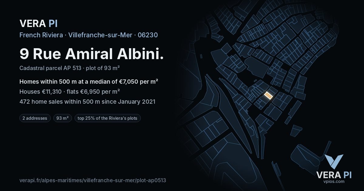 9 Rue Amiral Albini, Villefranche-sur-Mer at night – the plot lit, the parcels around coloured by the prices near them