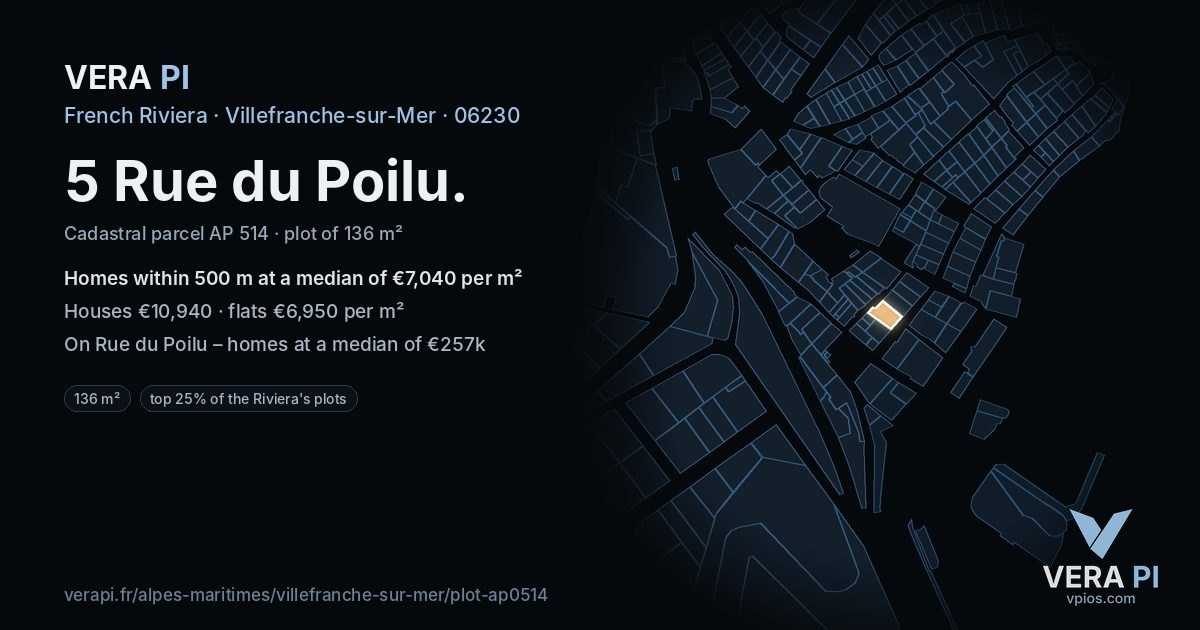 5 Rue du Poilu, Villefranche-sur-Mer at night – the plot lit, the parcels around coloured by the prices near them