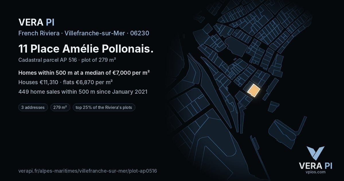 11 Place Amélie Pollonais, Villefranche-sur-Mer at night – the plot lit, the parcels around coloured by the prices near them