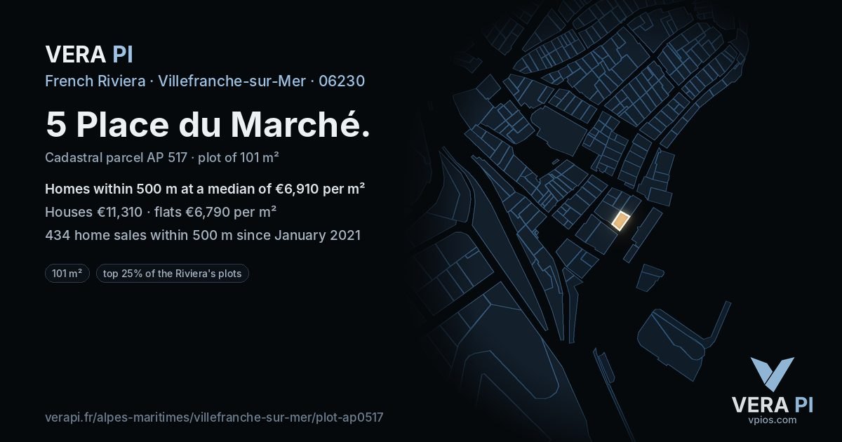 5 Place du Marché, Villefranche-sur-Mer at night – the plot lit, the parcels around coloured by the prices near them
