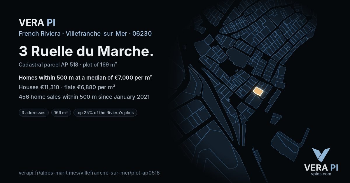3 Ruelle du Marche, Villefranche-sur-Mer at night – the plot lit, the parcels around coloured by the prices near them