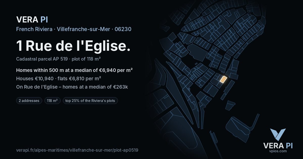 1 Rue de l'Eglise, Villefranche-sur-Mer at night – the plot lit, the parcels around coloured by the prices near them
