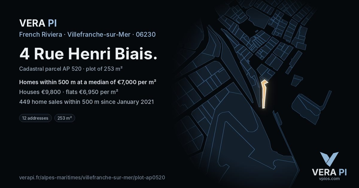 4 Rue Henri Biais, Villefranche-sur-Mer at night – the plot lit, the parcels around coloured by the prices near them