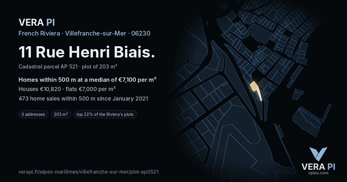11 Rue Henri Biais, Villefranche-sur-Mer at night – the plot lit, the parcels around coloured by the prices near them