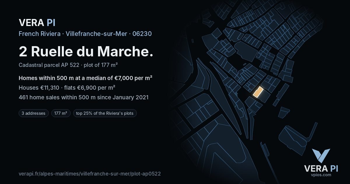2 Ruelle du Marche, Villefranche-sur-Mer at night – the plot lit, the parcels around coloured by the prices near them