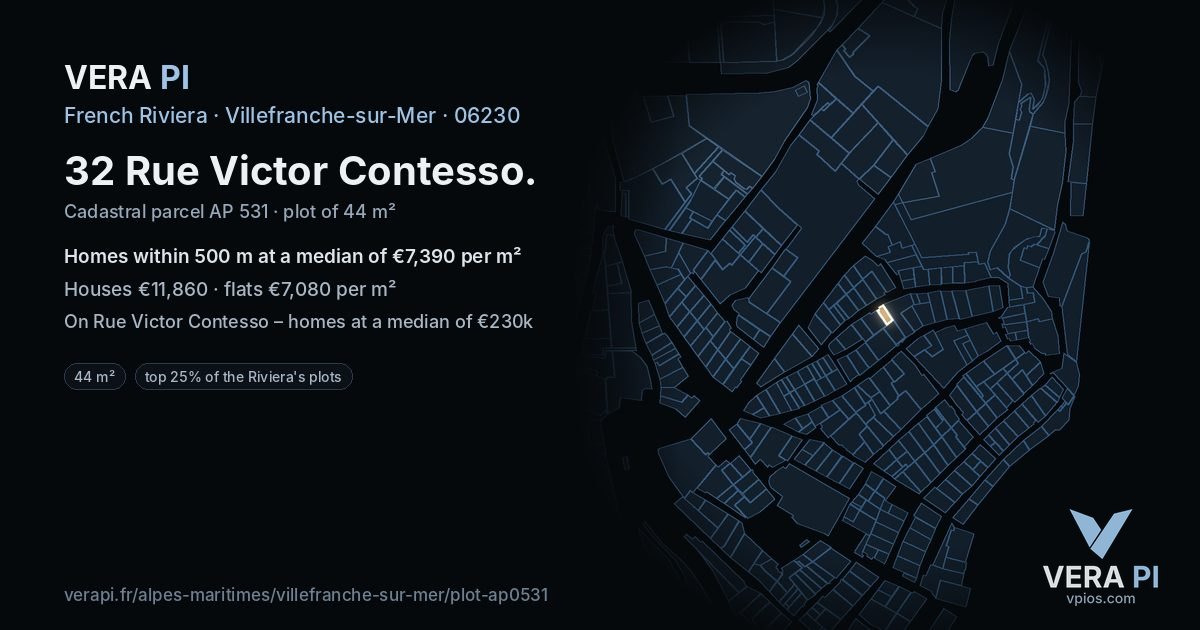 32 Rue Victor Contesso, Villefranche-sur-Mer at night – the plot lit, the parcels around coloured by the prices near them