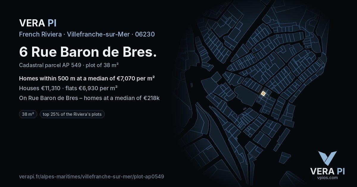 6 Rue Baron de Bres, Villefranche-sur-Mer at night – the plot lit, the parcels around coloured by the prices near them